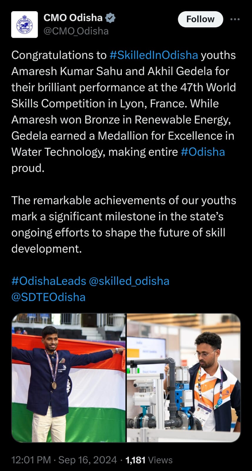 Odisha gets two awards at 47th WorldSkills Competition in Lyon, France;CM congratulates winners