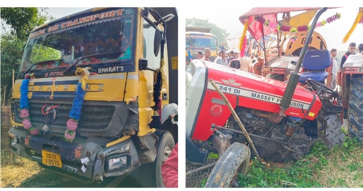 ହାଇୱ। ଧକ୍କାରେ ଟ୍ରାକ୍ଟର ଇଞ୍ଜିନ ଦୁଇ ଭାଗ।