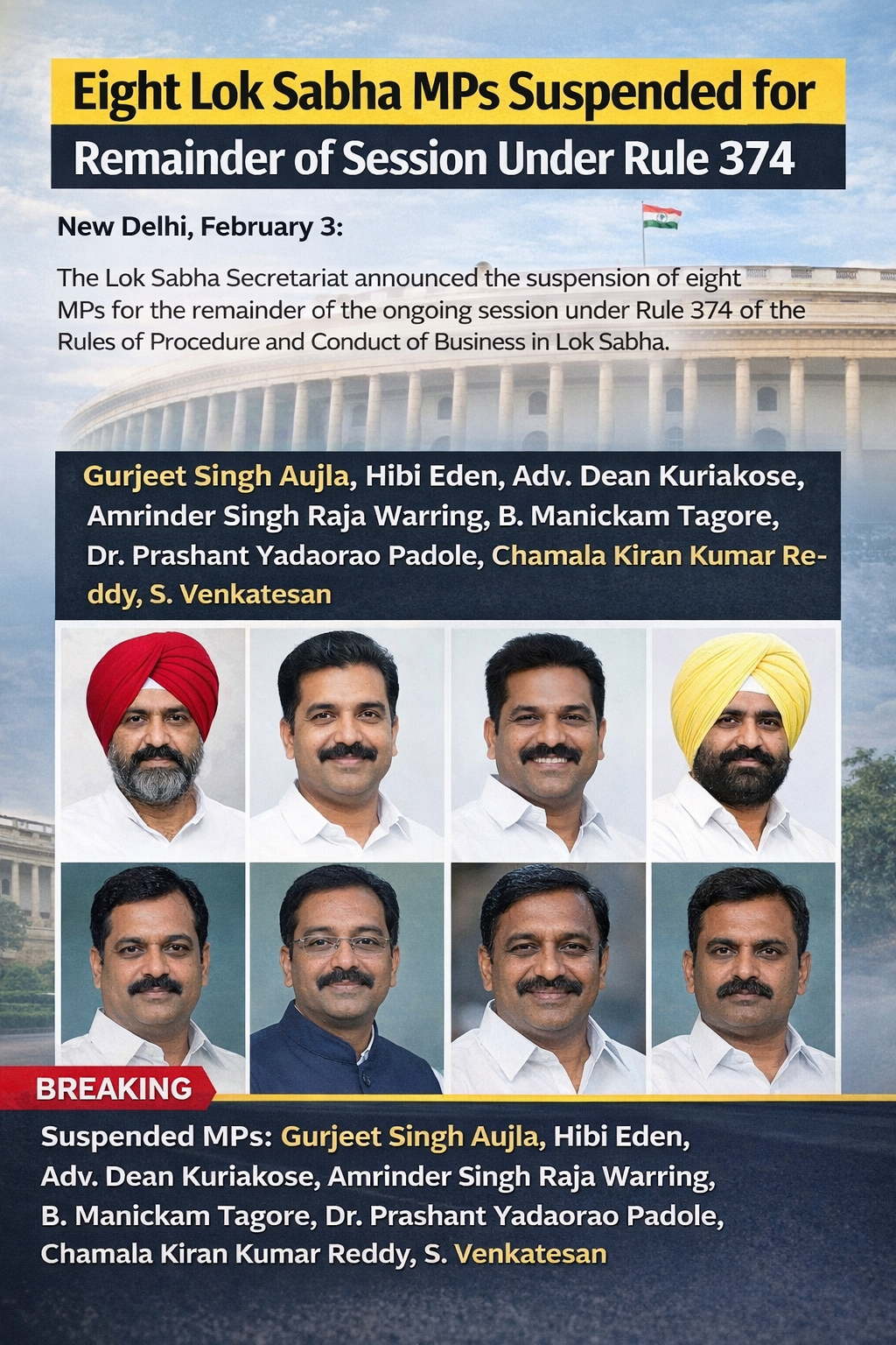 Eight Lok Sabha MPs Suspended for Remainder of Session Under Rule 374