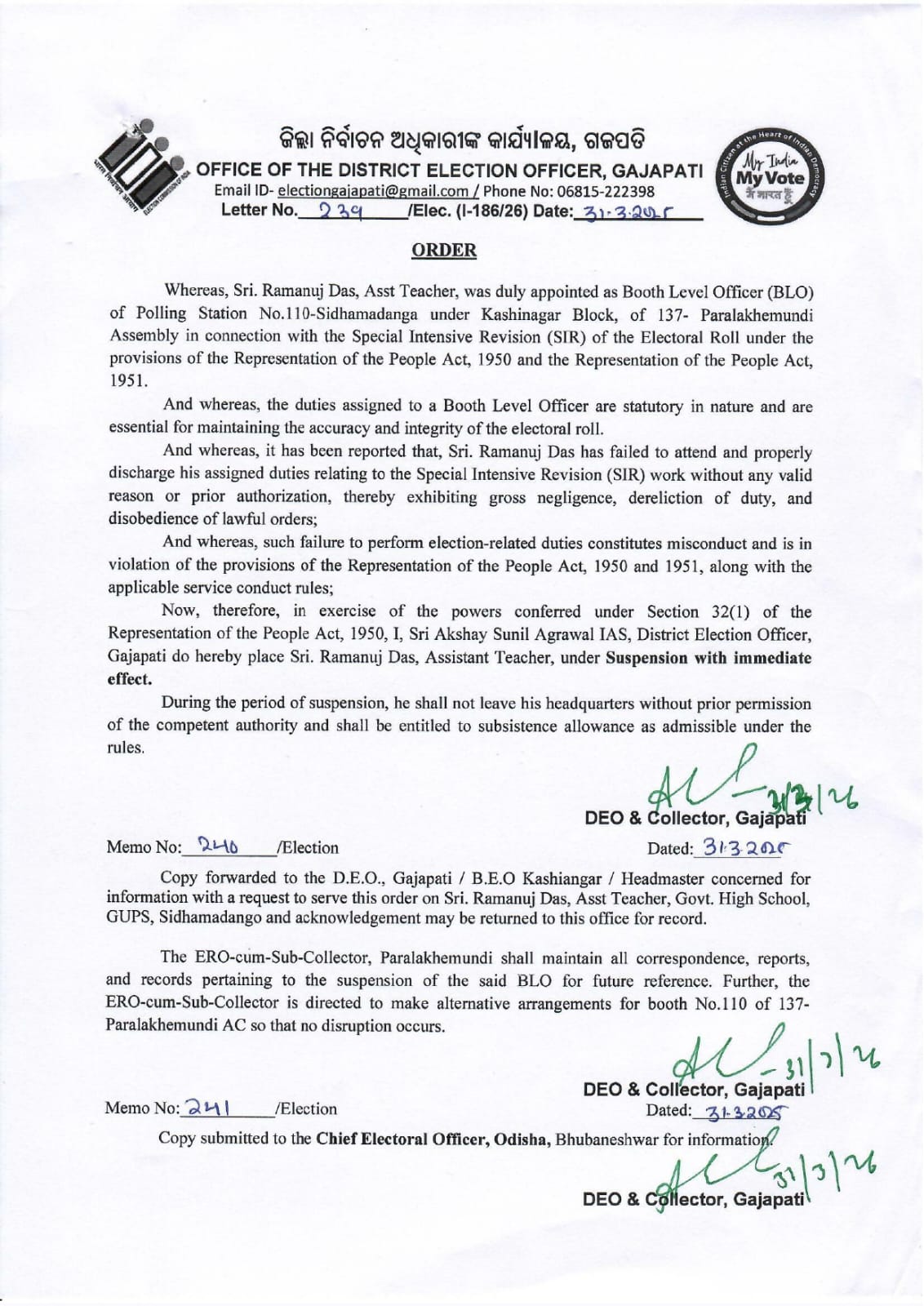 କର୍ତ୍ତବ୍ୟରେ ଅବହେଳରୁ ଓ ଆଦେଶ ଅମାନ୍ୟ ବିଏଲଓ ନିଲମ୍ବିତ ।