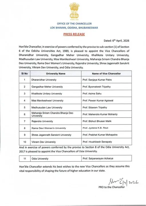 ୧୪ ବିଶ୍ବବିଦ୍ୟାଳୟ ନିମନ୍ତେ କୁଳପତି ନିଯୁକ୍ତ