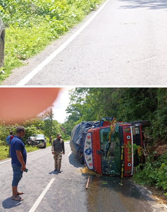 କାର୍‌କୁ ଧକ୍କା ଦେଇ ଓଲଟିଲା ଟାୟାର ବୋଝେଇ ଟ୍ରକ୍‌, ଡ୍ରାଇଭରଙ୍କ ସମେତ